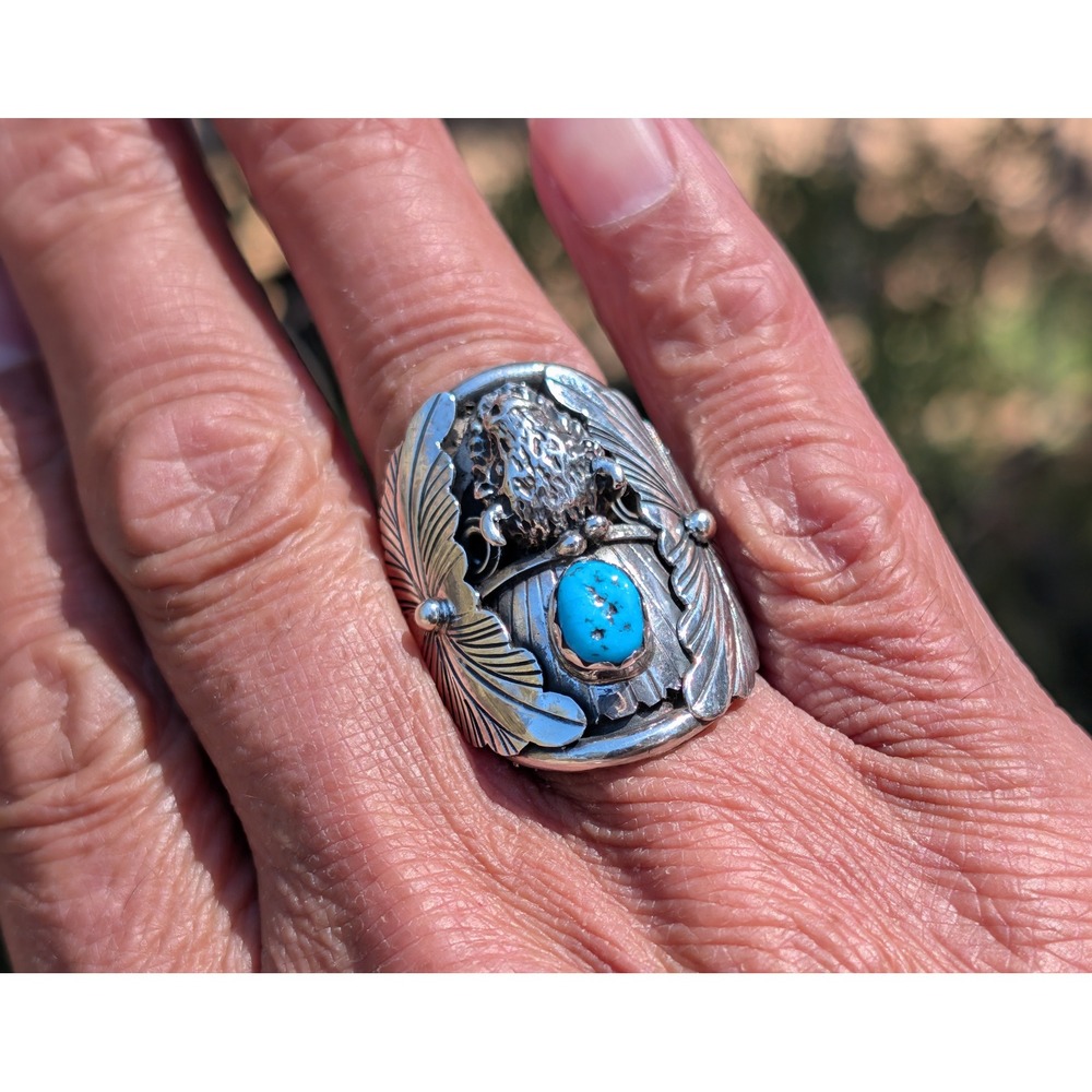 Navajo Men's Buffalo Ring Sterling Silver Turquoise Signed Grace Smith 10.25 **